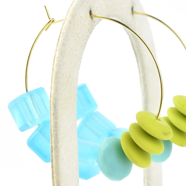 Blue Glass Cube Bead Hoops - Goldmakers Fine Jewelry