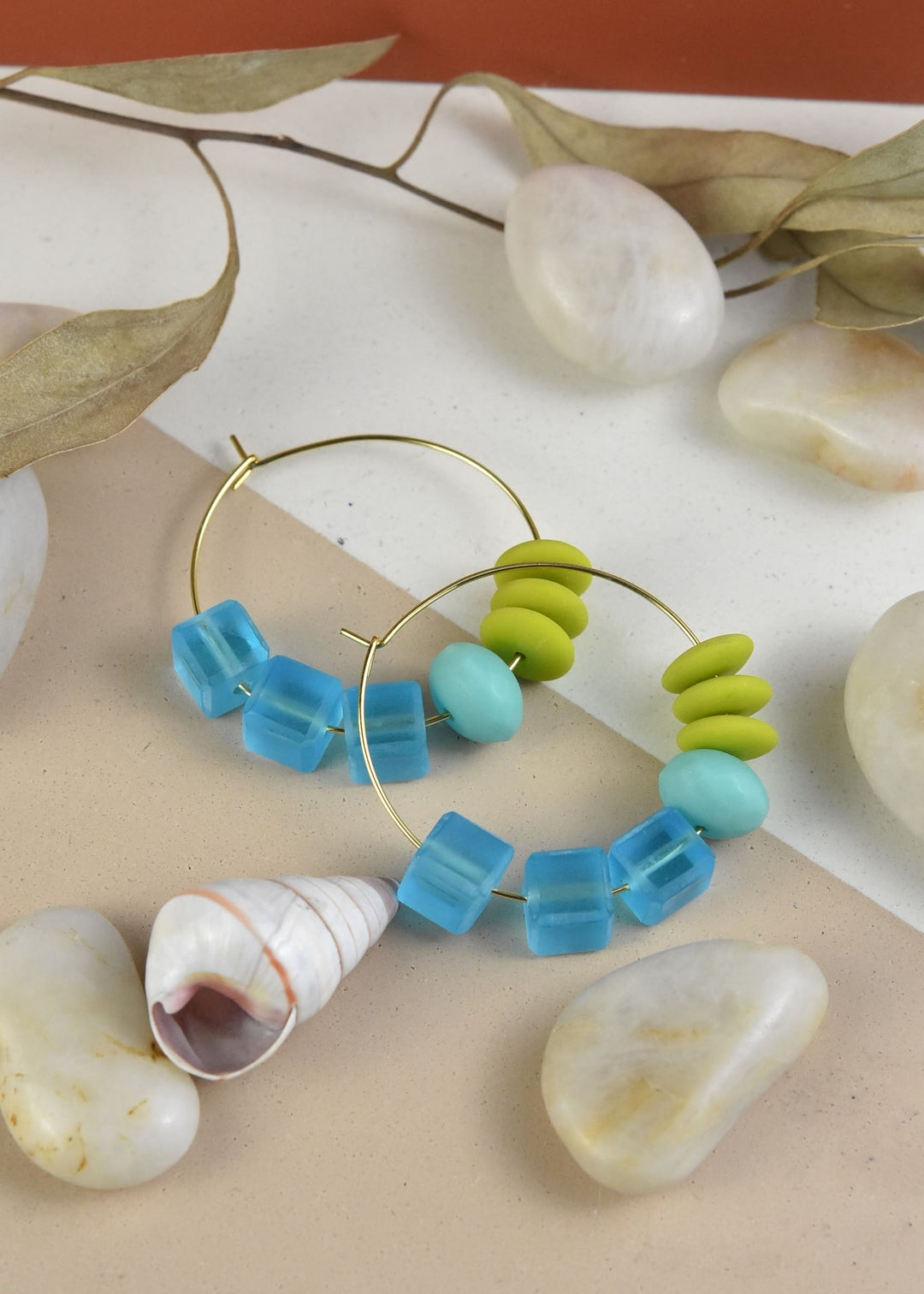 Blue Glass Cube Bead Hoops - Goldmakers Fine Jewelry