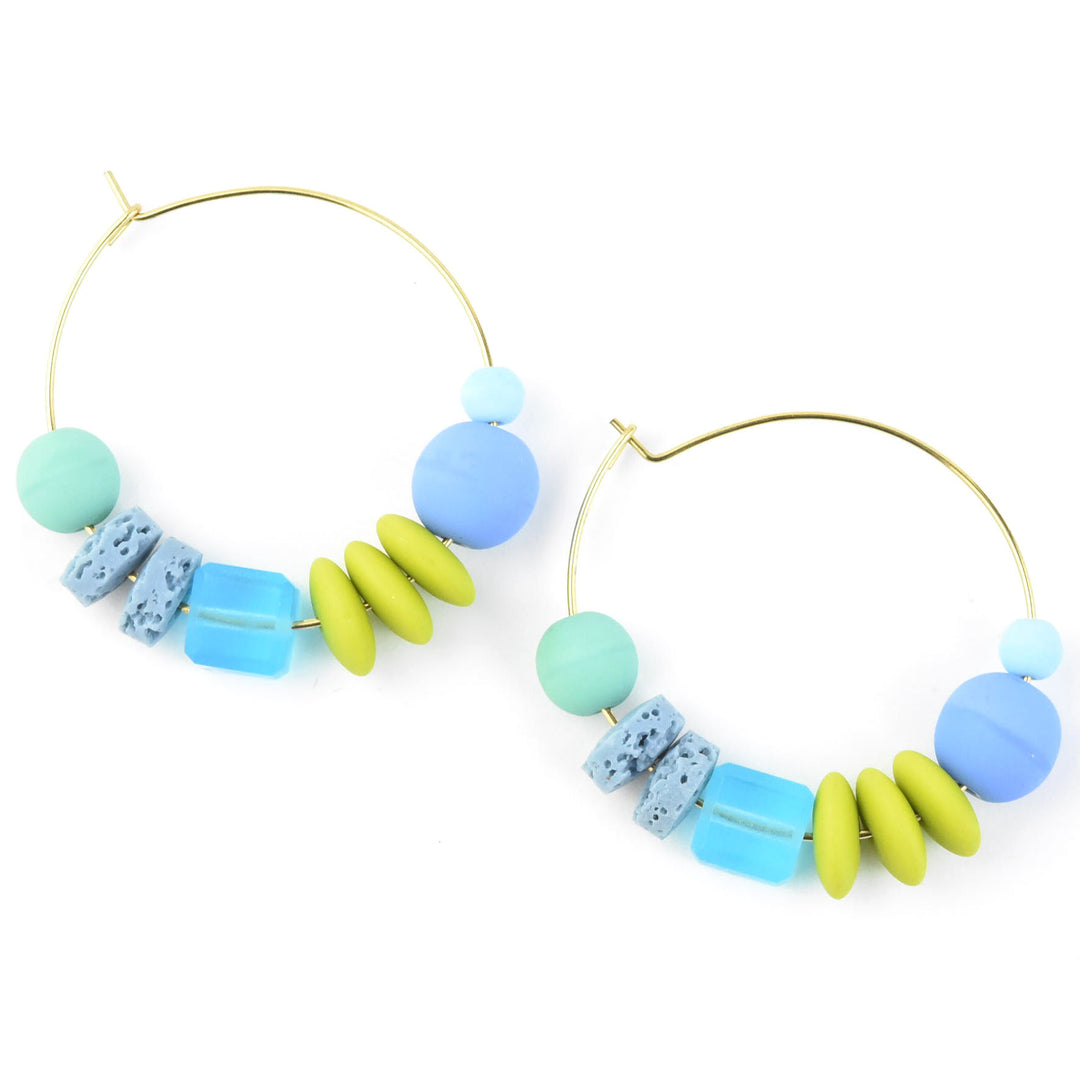 Blue and Green Glass Bead Hoops - Goldmakers Fine Jewelry