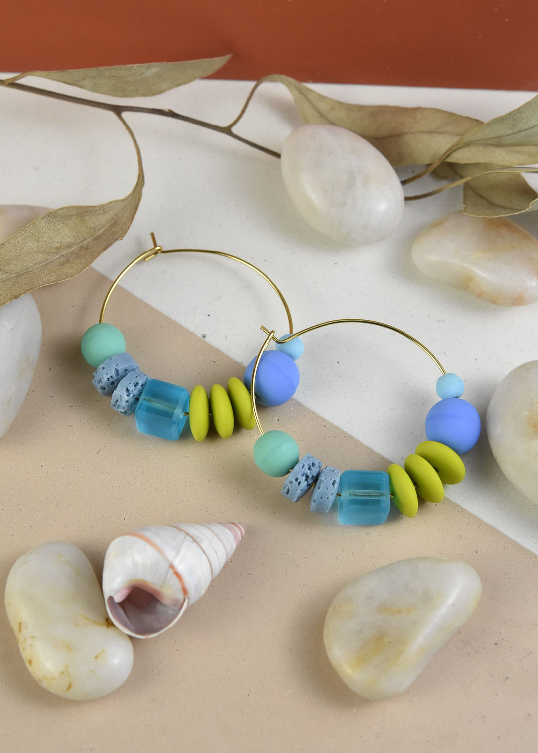 Blue and Green Glass Bead Hoops - Goldmakers Fine Jewelry