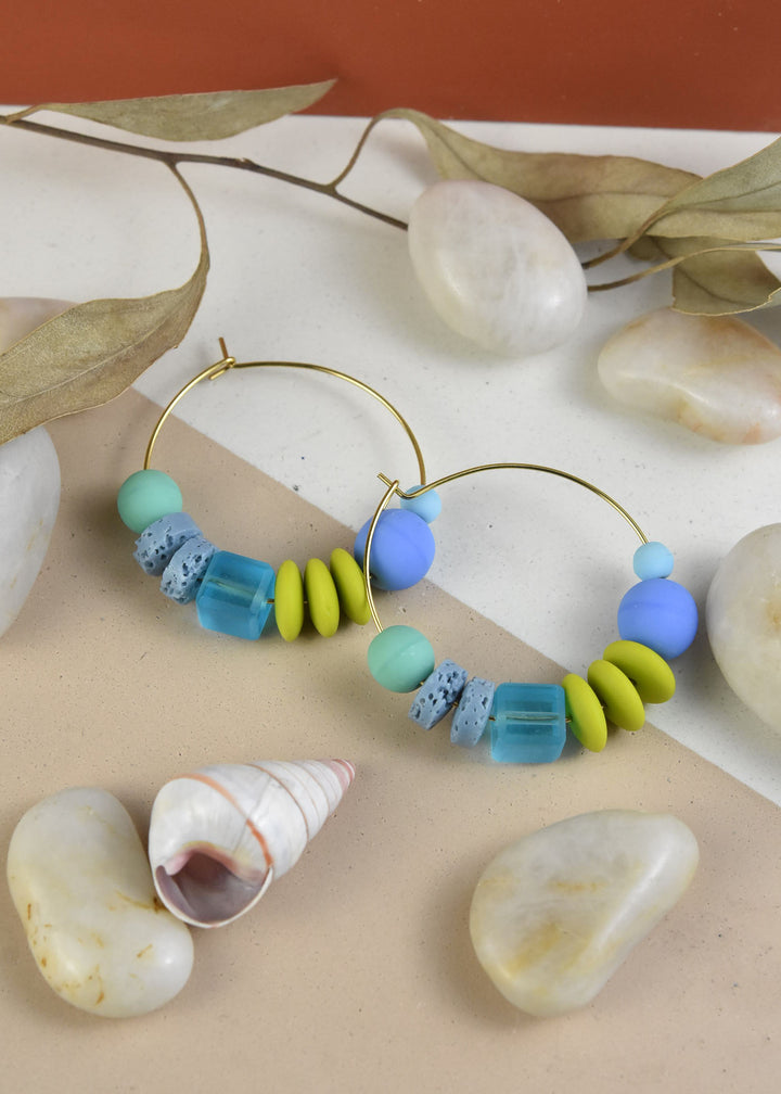 Blue and Green Glass Bead Hoops - Goldmakers Fine Jewelry