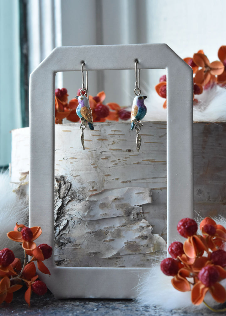 Blue Belly Bird Dangle Earrings