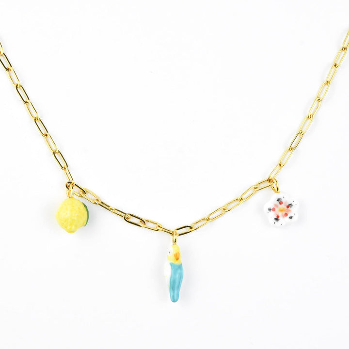 Blue Budgie Bird, Lemon & Flower Necklace