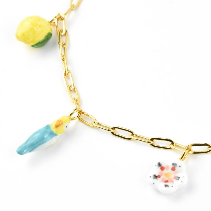 Blue Budgie Bird, Lemon & Flower Necklace