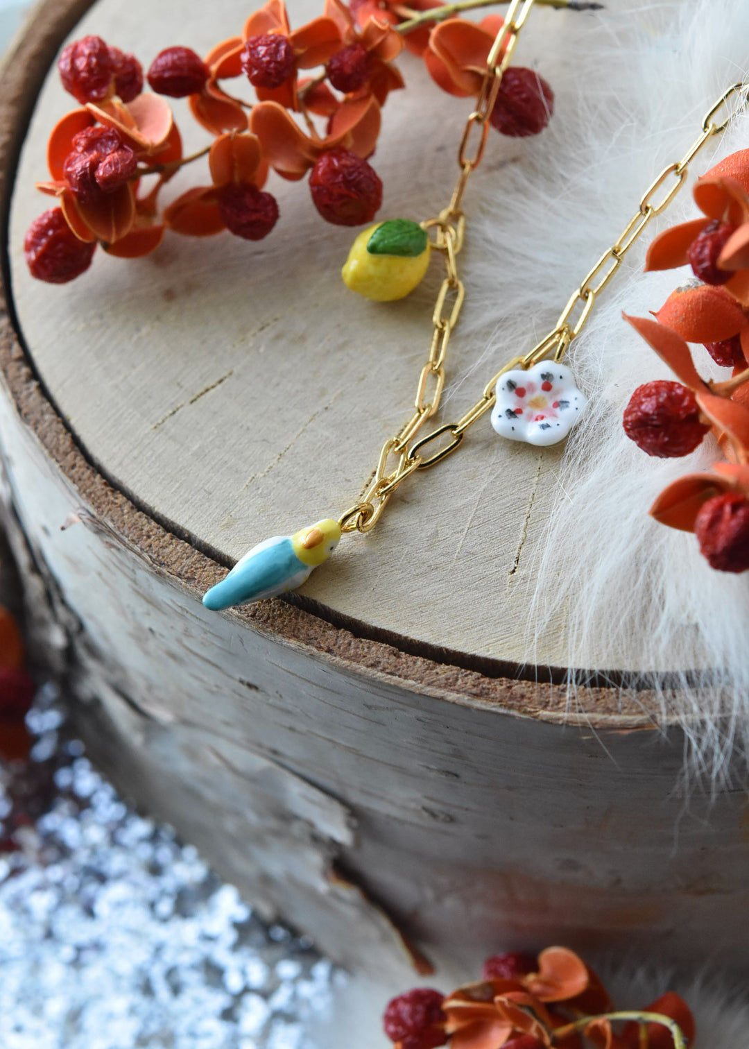 Blue Budgie Bird, Lemon & Flower Necklace