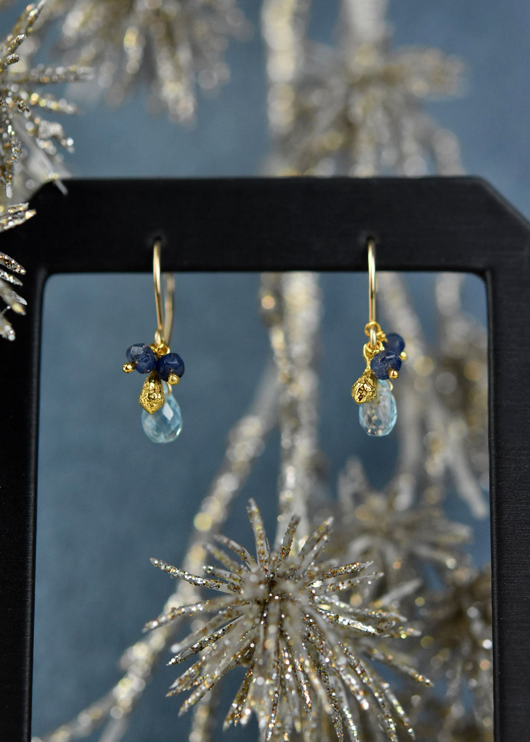 Topaz Briolette w/ Sapphire and Pod Earrings