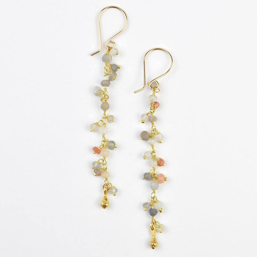 Long Peach Moonstone Dangle with Pod Earrings - Goldmakers Fine Jewelry