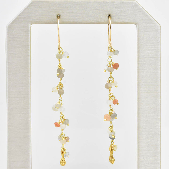 Long Peach Moonstone Dangle with Pod Earrings - Goldmakers Fine Jewelry