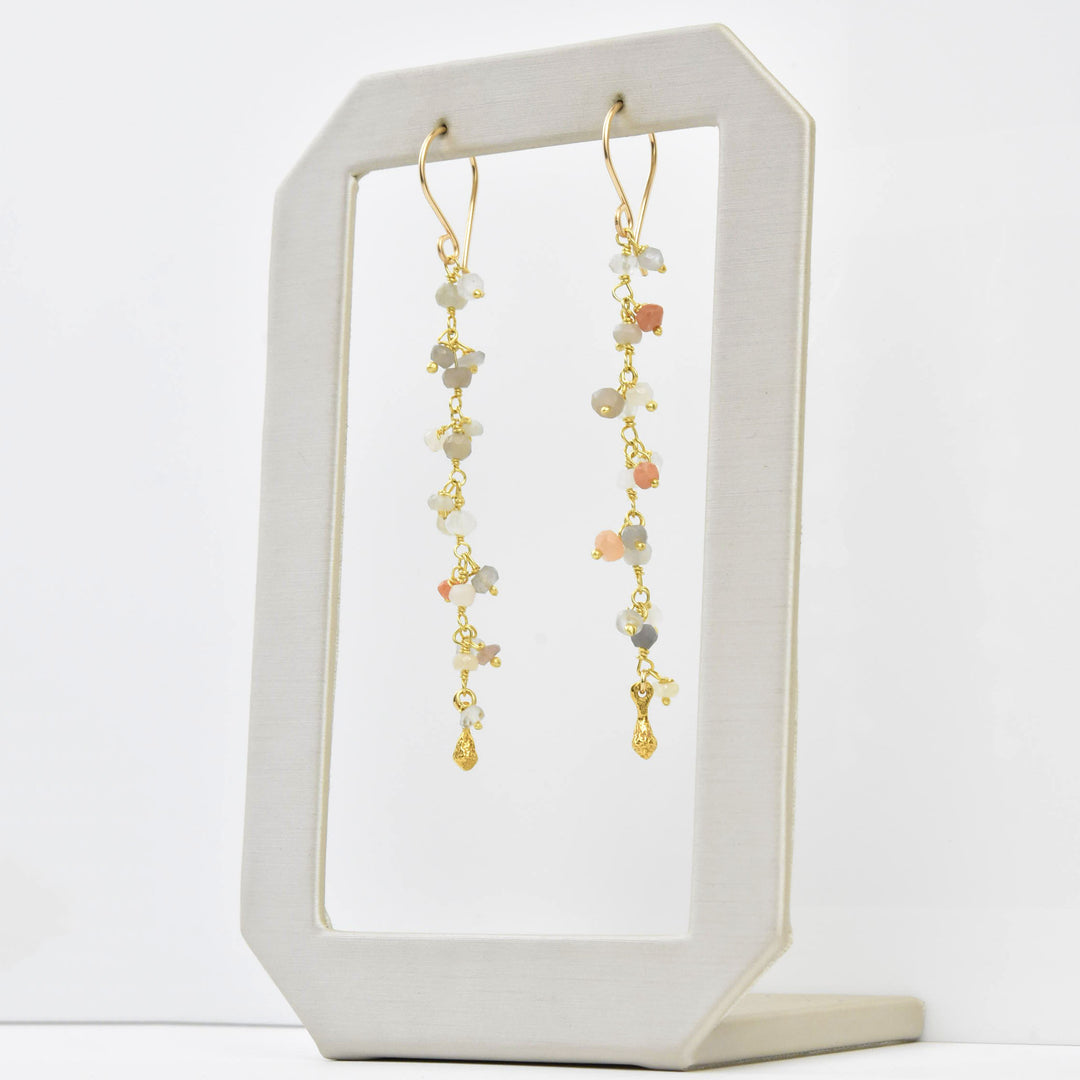 Long Peach Moonstone Dangle with Pod Earrings - Goldmakers Fine Jewelry