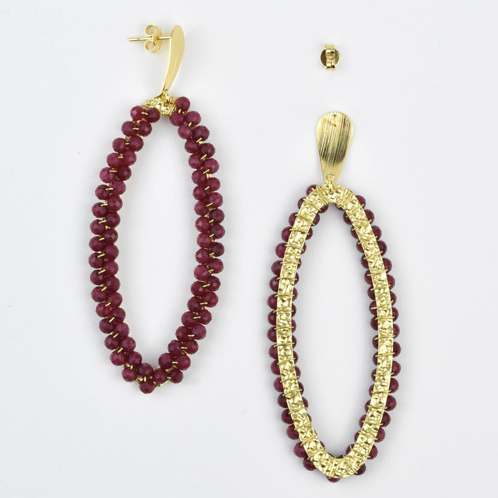 Maroon Beaded Ellipse Earrings in Gold Tone - Goldmakers Fine Jewelry