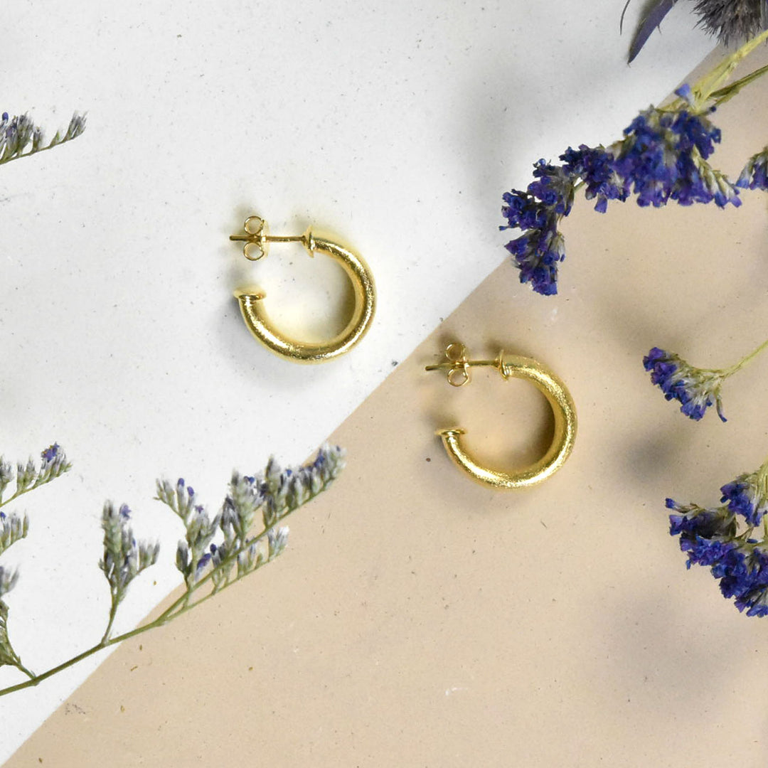 Small Wide Textured Gold Tone Hoops - Goldmakers Fine Jewelry