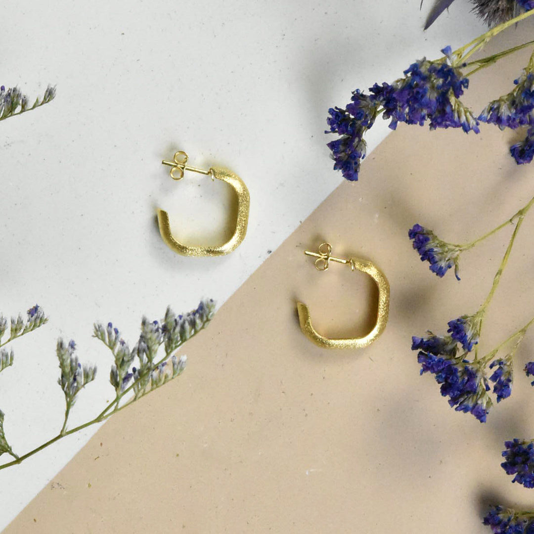 Square Textured Gold Tone Hoops - Goldmakers Fine Jewelry