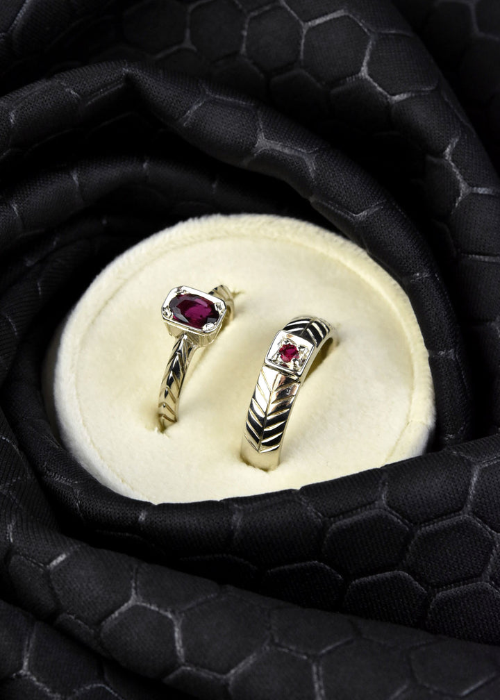 White Gold Herringbone & Pyramid Ruby Ring