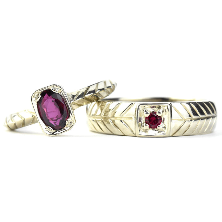 White Gold Herringbone & Pyramid Ruby Ring