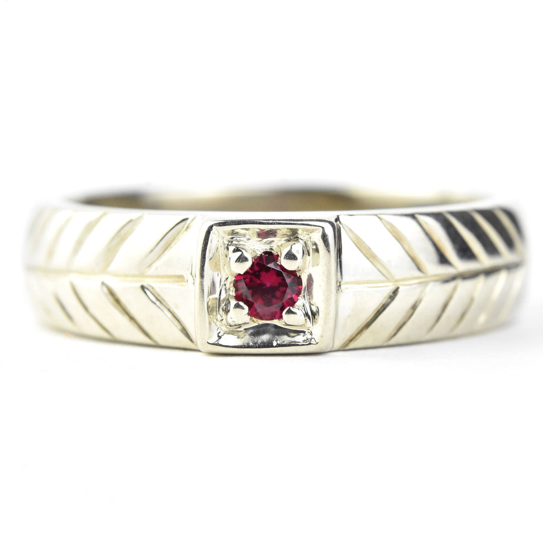 Gents White Gold Herringbone & Bright Box Ruby Ring