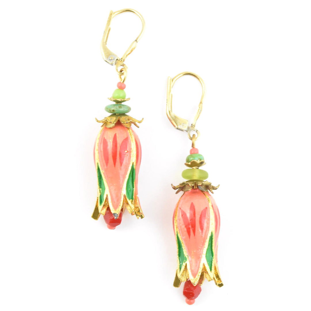 Hand-Painted Coral Tulip Earrings
