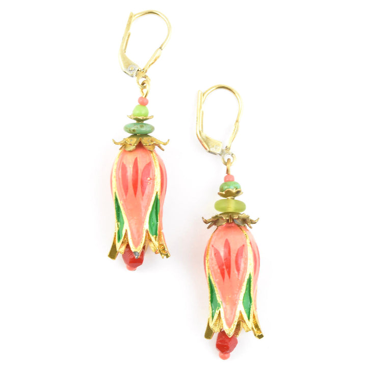 Hand-Painted Coral Tulip Earrings