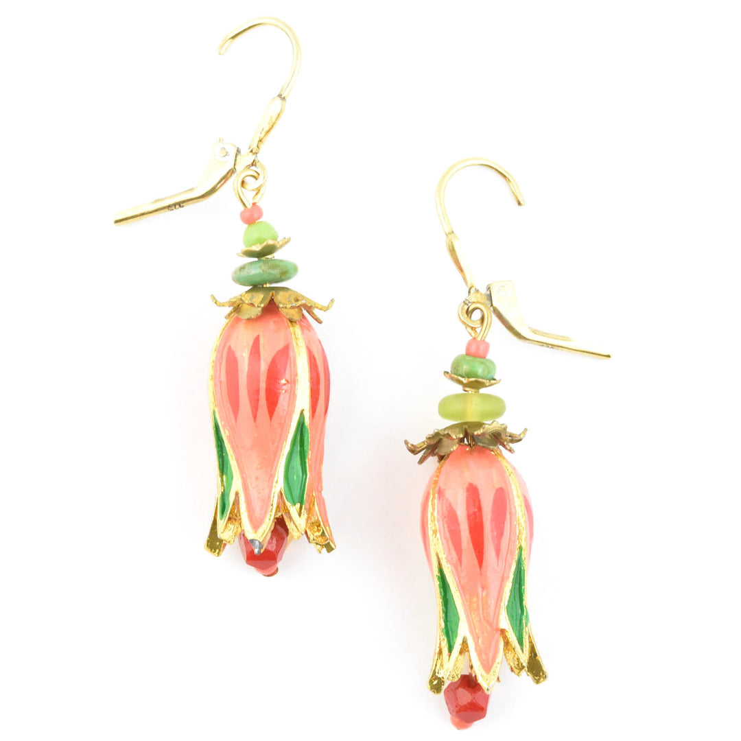 Hand-Painted Coral Tulip Earrings