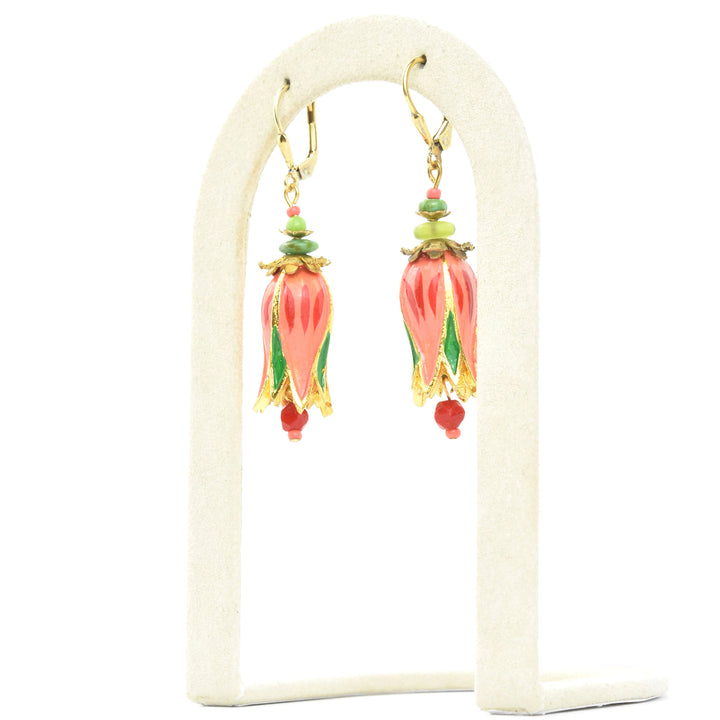 Hand-Painted Coral Tulip Earrings