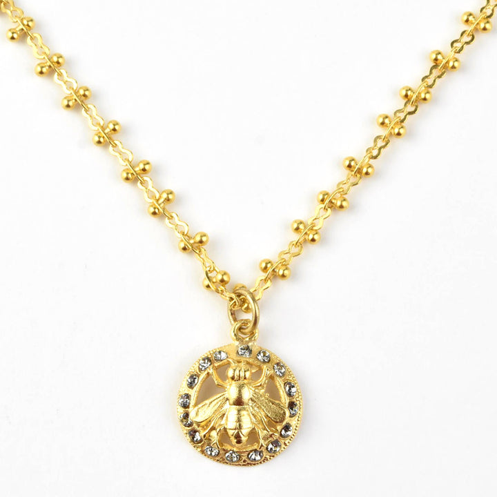 Crystal Halo Bee Necklace Gold Plate