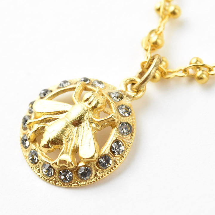 Crystal Halo Bee Necklace Gold Plate