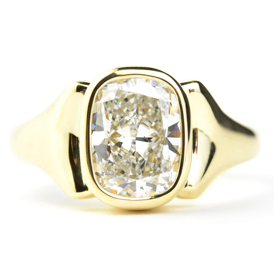 Cushion Cut Diamond, Bezel Set Ring in 14k Yellow Gold - Goldmakers Fine Jewelry