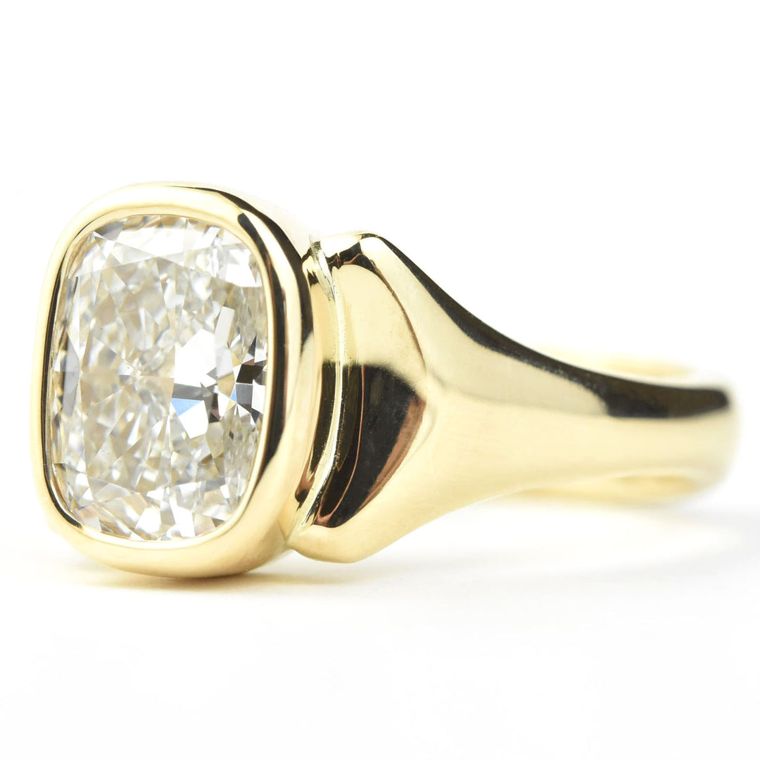 Cushion Cut Diamond, Bezel Set Ring in 14k Yellow Gold - Goldmakers Fine Jewelry