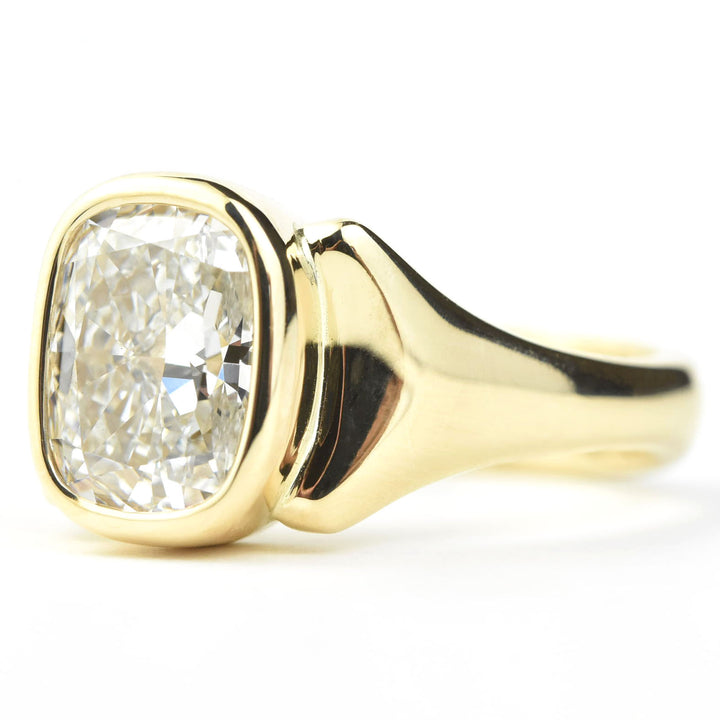 Cushion Cut Diamond, Bezel Set Ring in 14k Yellow Gold - Goldmakers Fine Jewelry