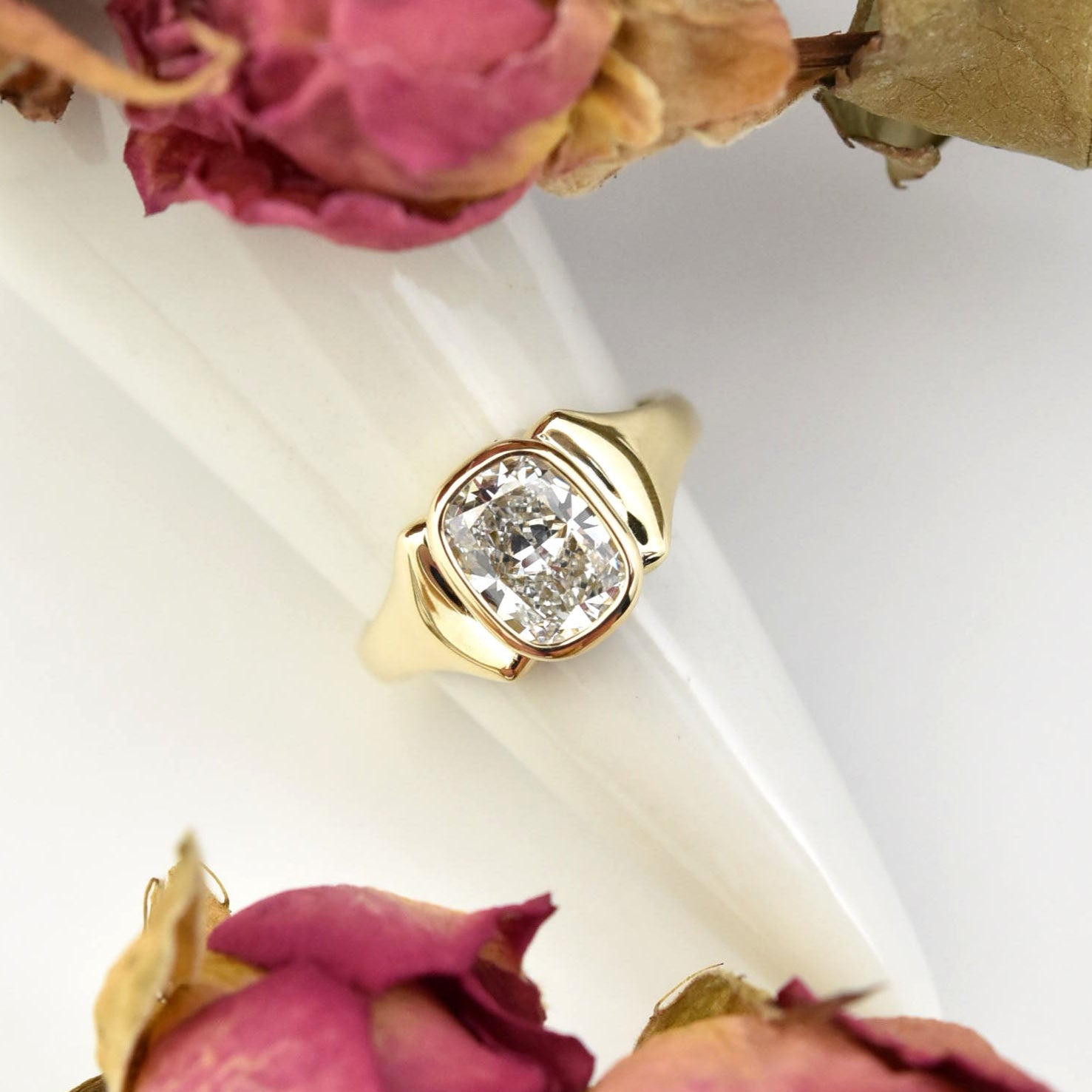Cushion Cut Diamond, Bezel Set Ring in 14k Yellow Gold - Goldmakers Fine Jewelry