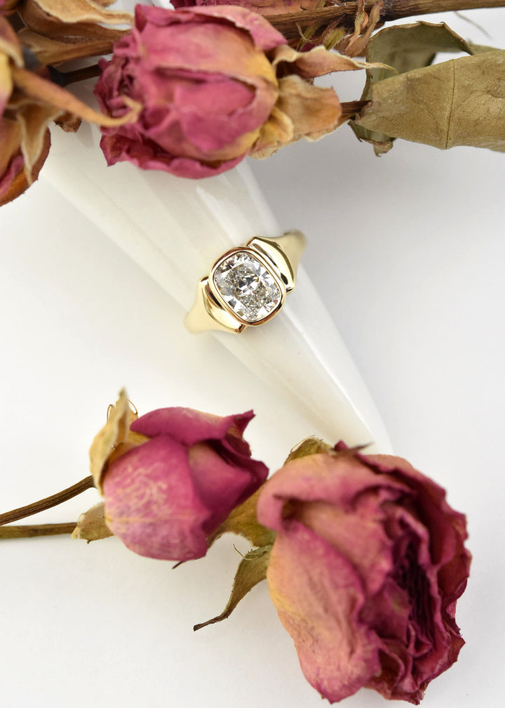Cushion Cut Diamond, Bezel Set Ring in 14k Yellow Gold - Goldmakers Fine Jewelry