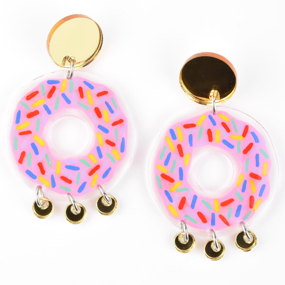 Pink & Gold Donut Earrings with Sprinkles