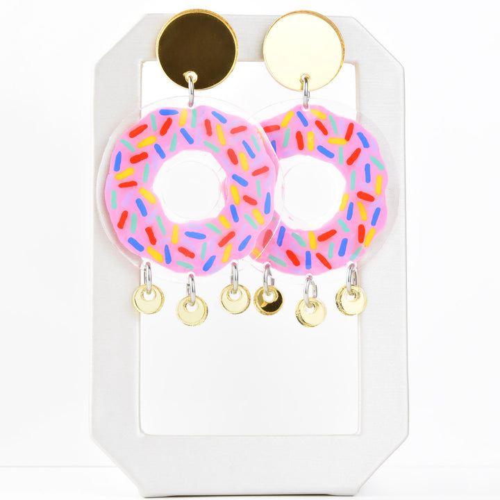 Pink & Gold Donut Earrings with Sprinkles