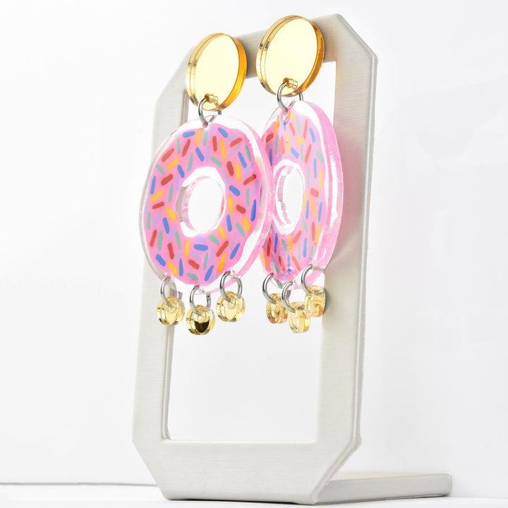 Pink & Gold Donut Earrings with Sprinkles