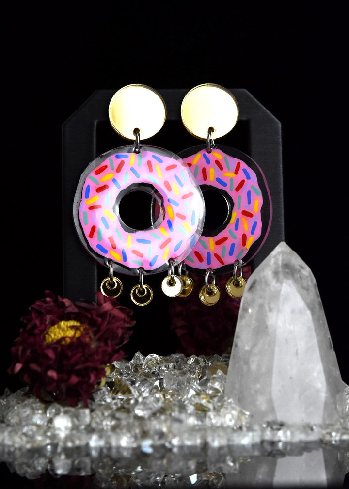 Pink & Gold Donut Earrings with Sprinkles