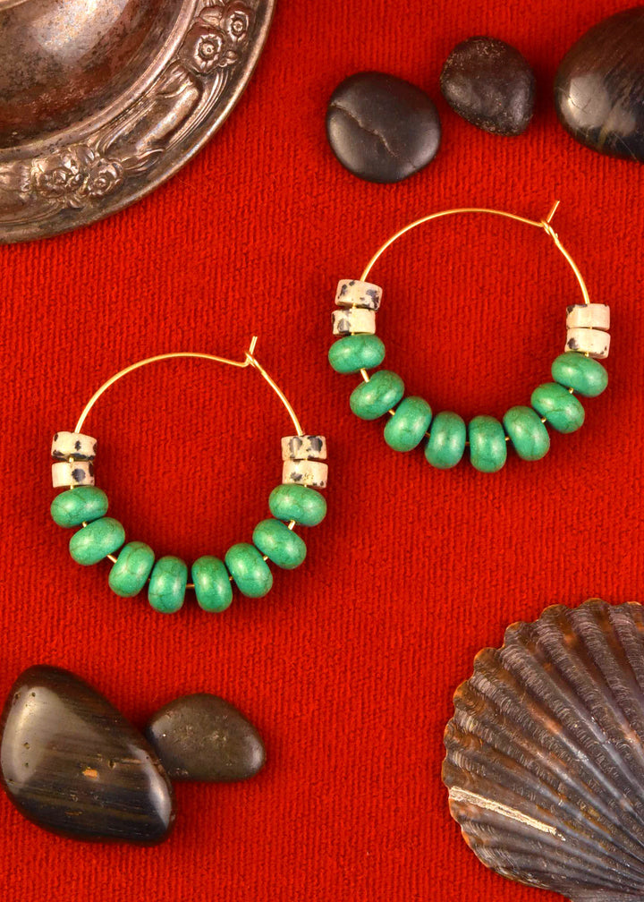 Dalmatian Jasper and Turquoise Hoops - Goldmakers Fine Jewelry