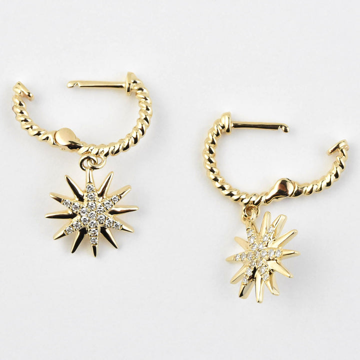 Twisted Gold Huggies with Diamond Star - Goldmakers Fine Jewelry