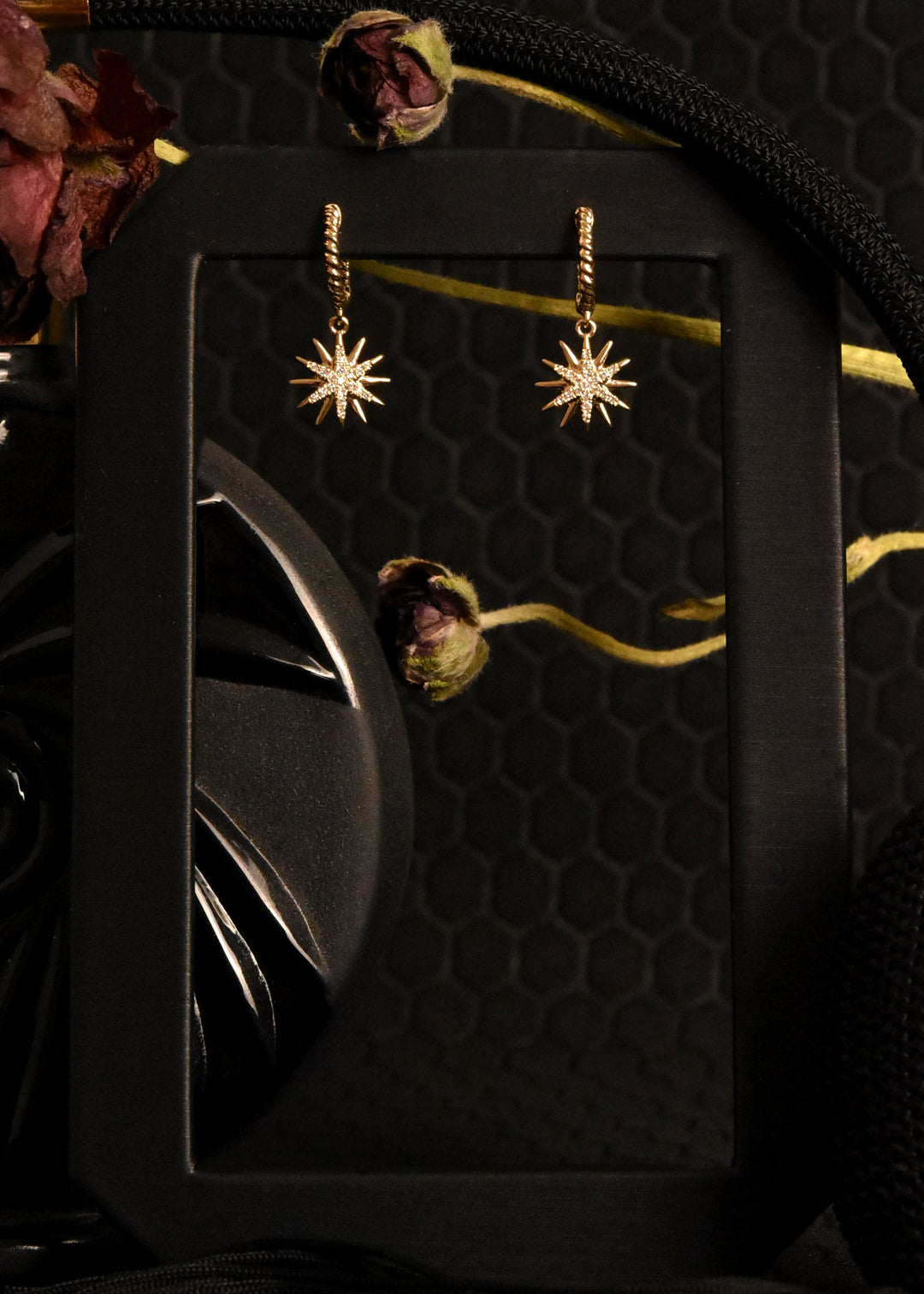 Twisted Gold Huggies with Diamond Star - Goldmakers Fine Jewelry