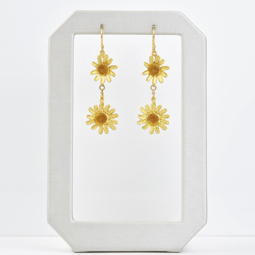 Double Golden Daisy Drop Earrings - Goldmakers Fine Jewelry
