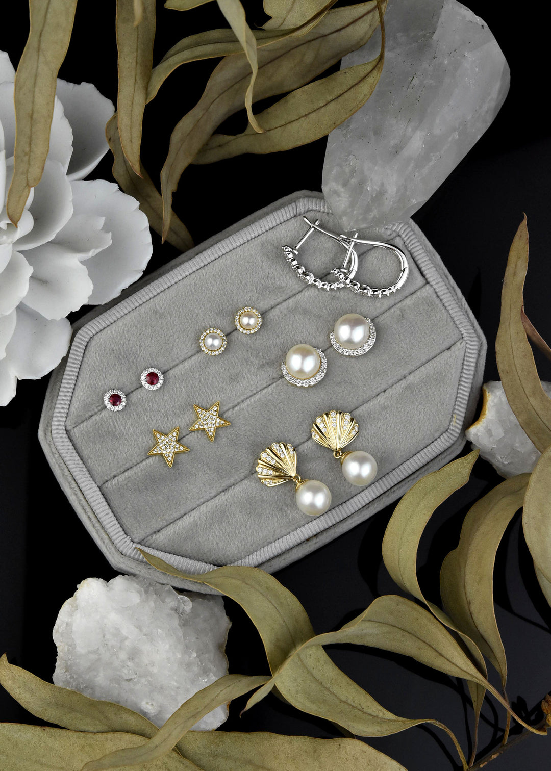 Ruby and Diamond Halo Studs in White Gold