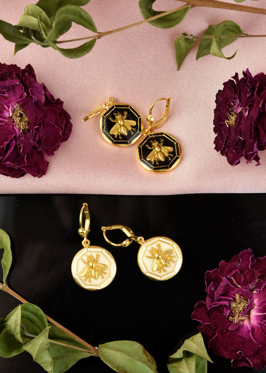 Black Enamel Bee Earrings - Goldmakers Fine Jewelry