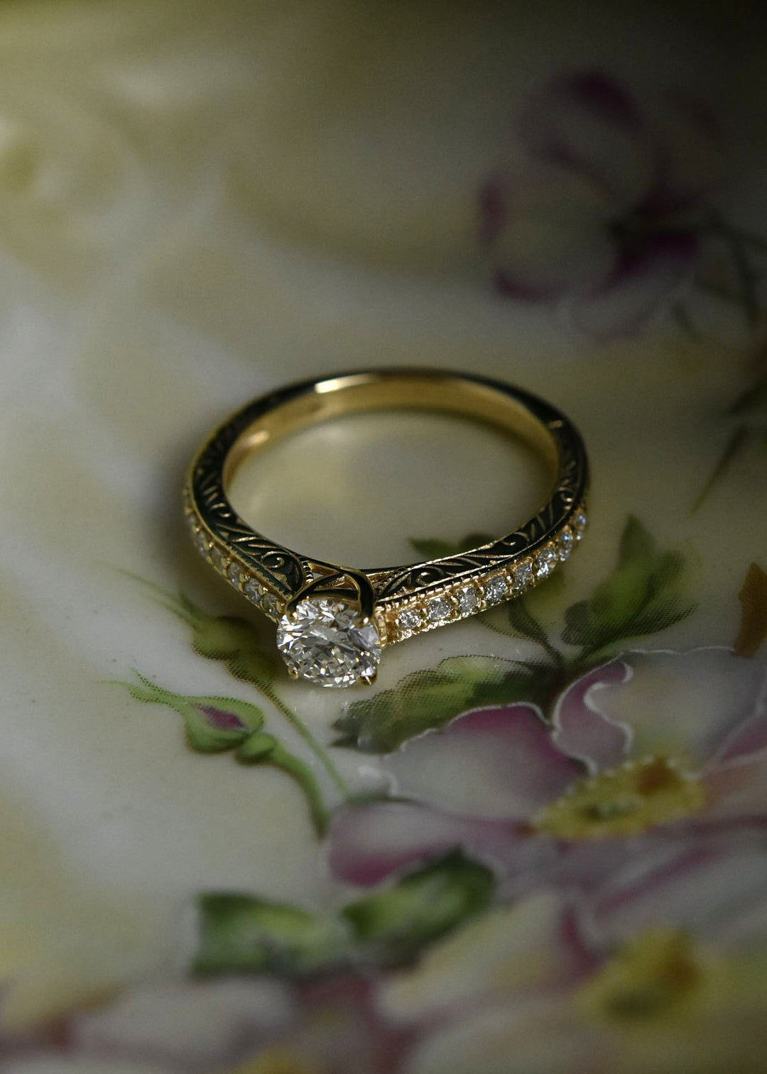 Engraved Diamond Engagement Ring in 14k Yellow Gold