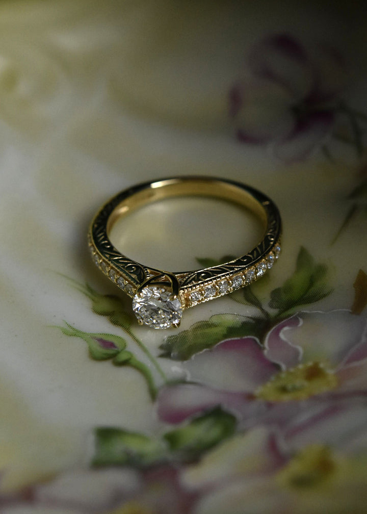 Engraved Diamond Engagement Ring in 14k Yellow Gold