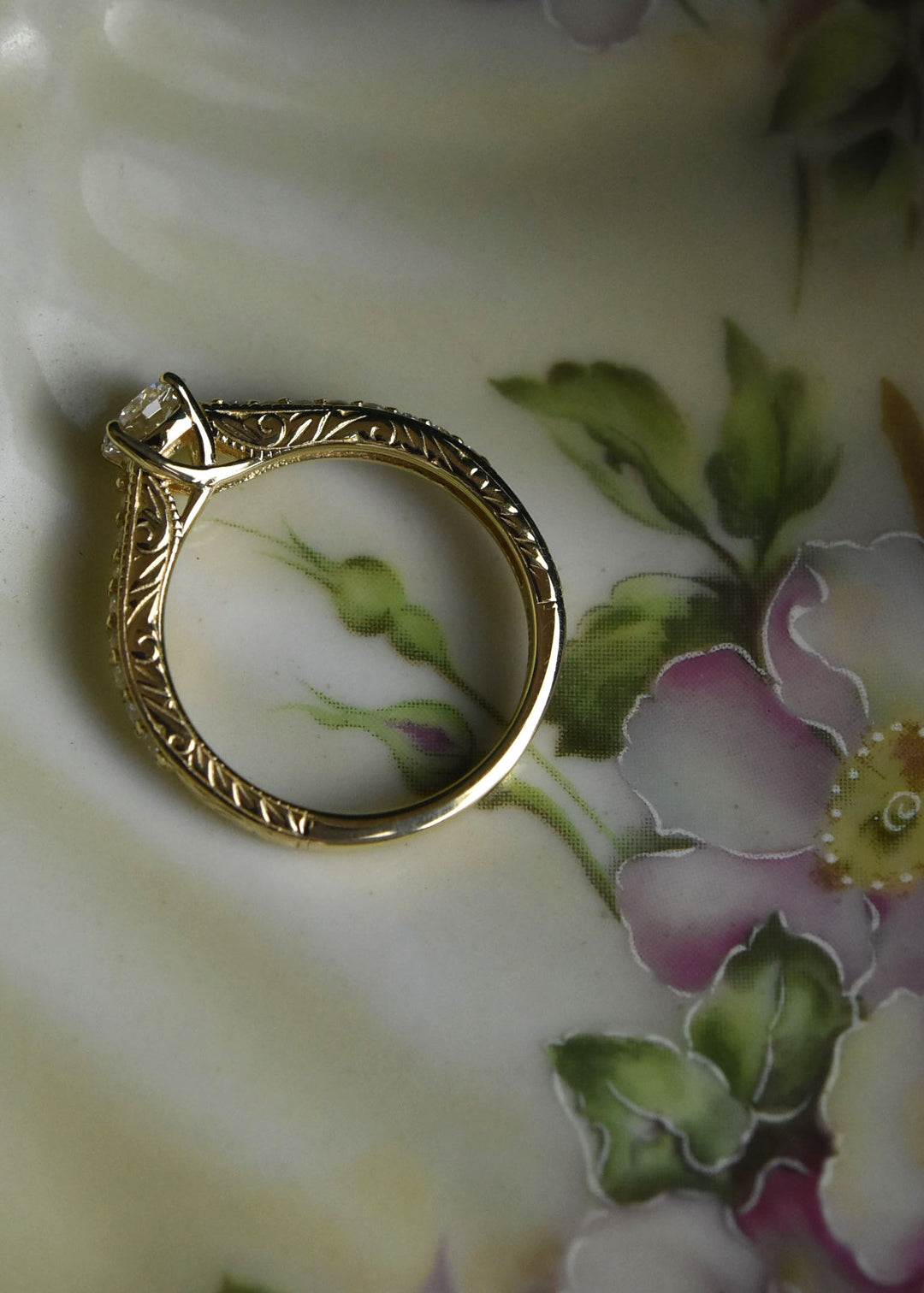 Engraved Diamond Engagement Ring in 14k Yellow Gold