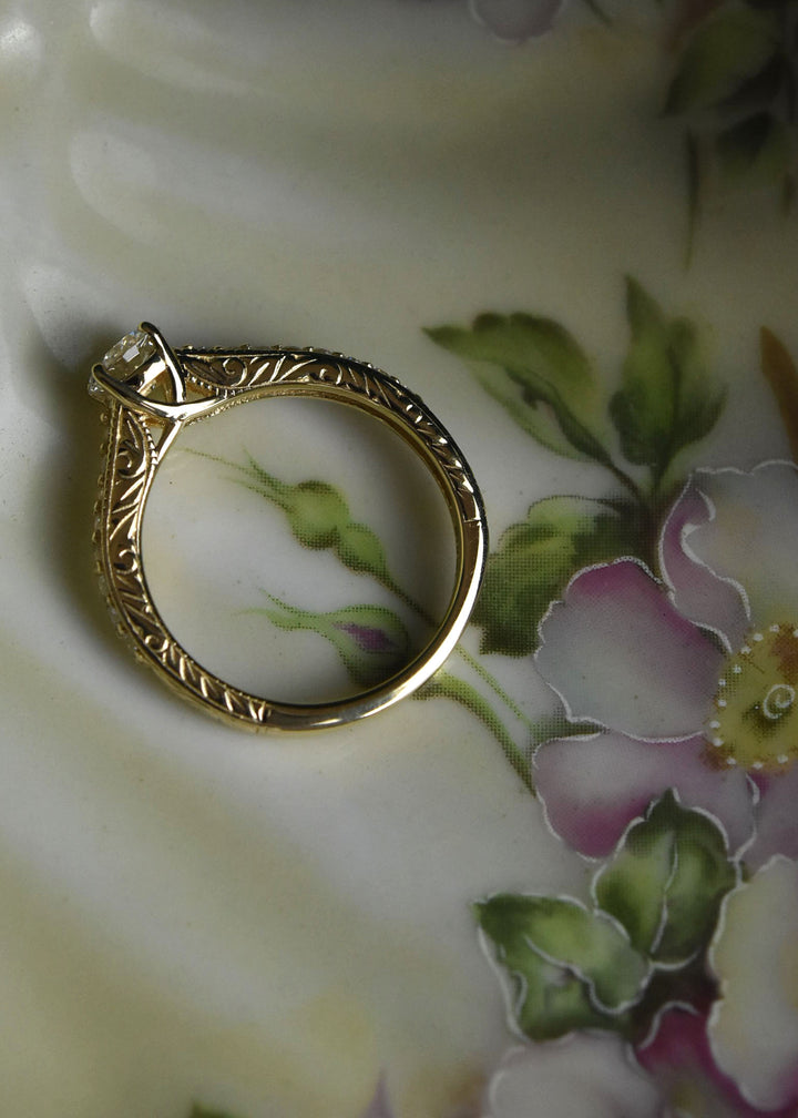 Engraved Diamond Engagement Ring in 14k Yellow Gold
