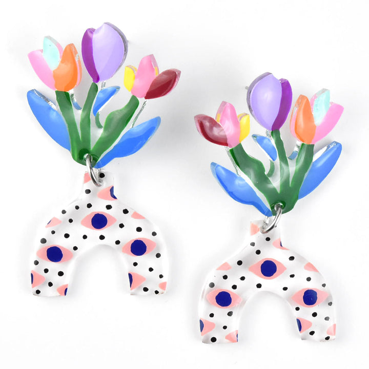 Eye Patterned Vase with Tulips Earrings