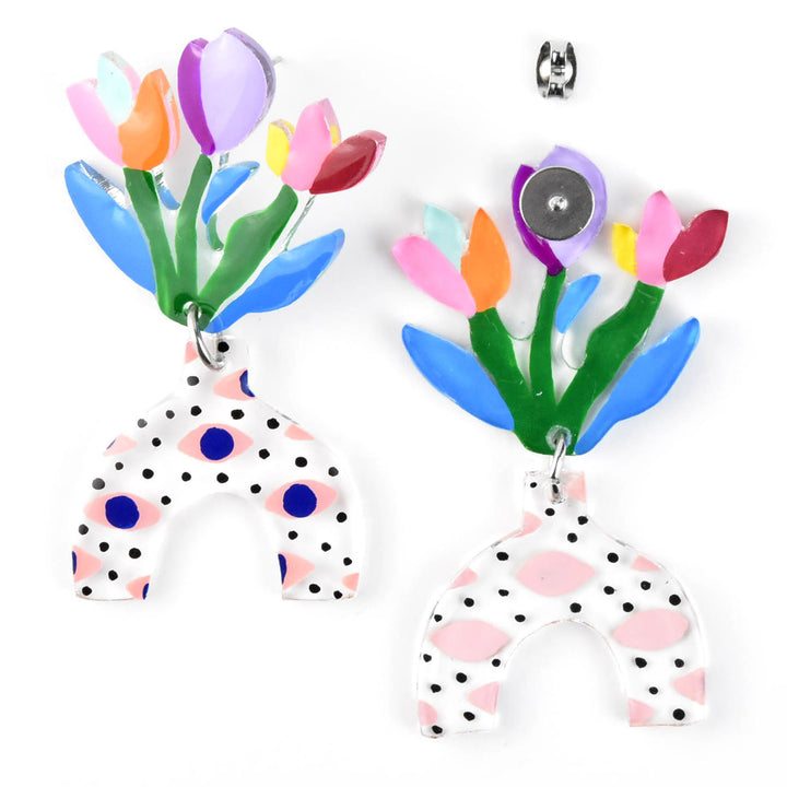 Eye Patterned Vase with Tulips Earrings