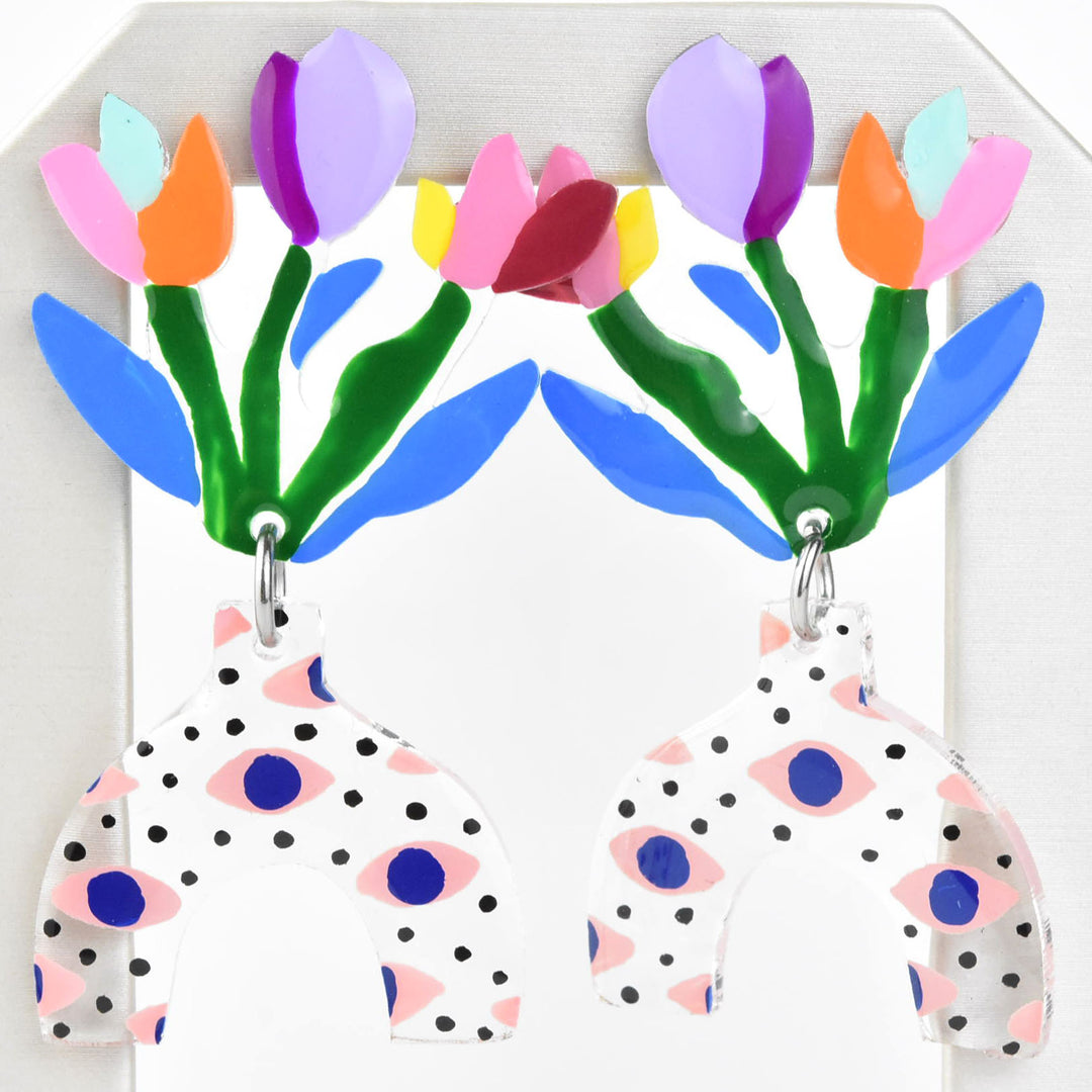 Eye Patterned Vase with Tulips Earrings