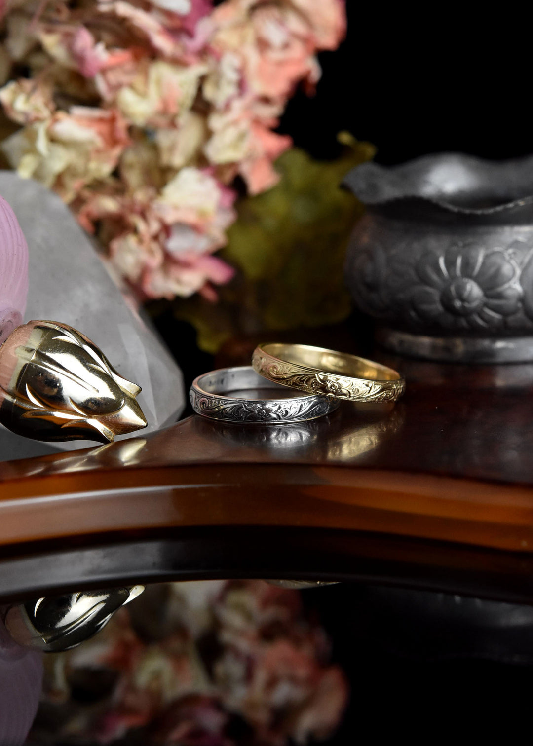 Flower and Scroll Band in 14K Yellow Gold