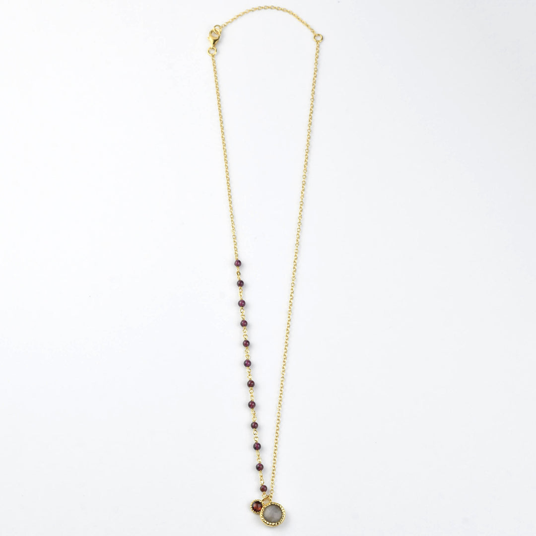 Garnet and Grey Moonstone Asymmetrical Necklace - Goldmakers Fine Jewelry