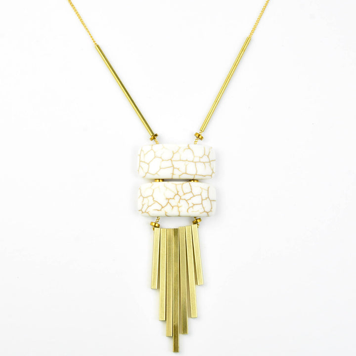 Geometric White Bead and Brass Fringe Necklace